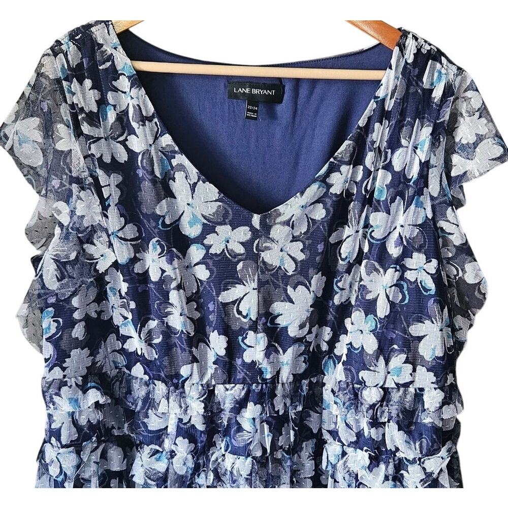 Lane Bryant Flowy Romantic Blue Floral Tulle Tiered Ruffle Dress 22/24 Midi - Picture 2 of 8